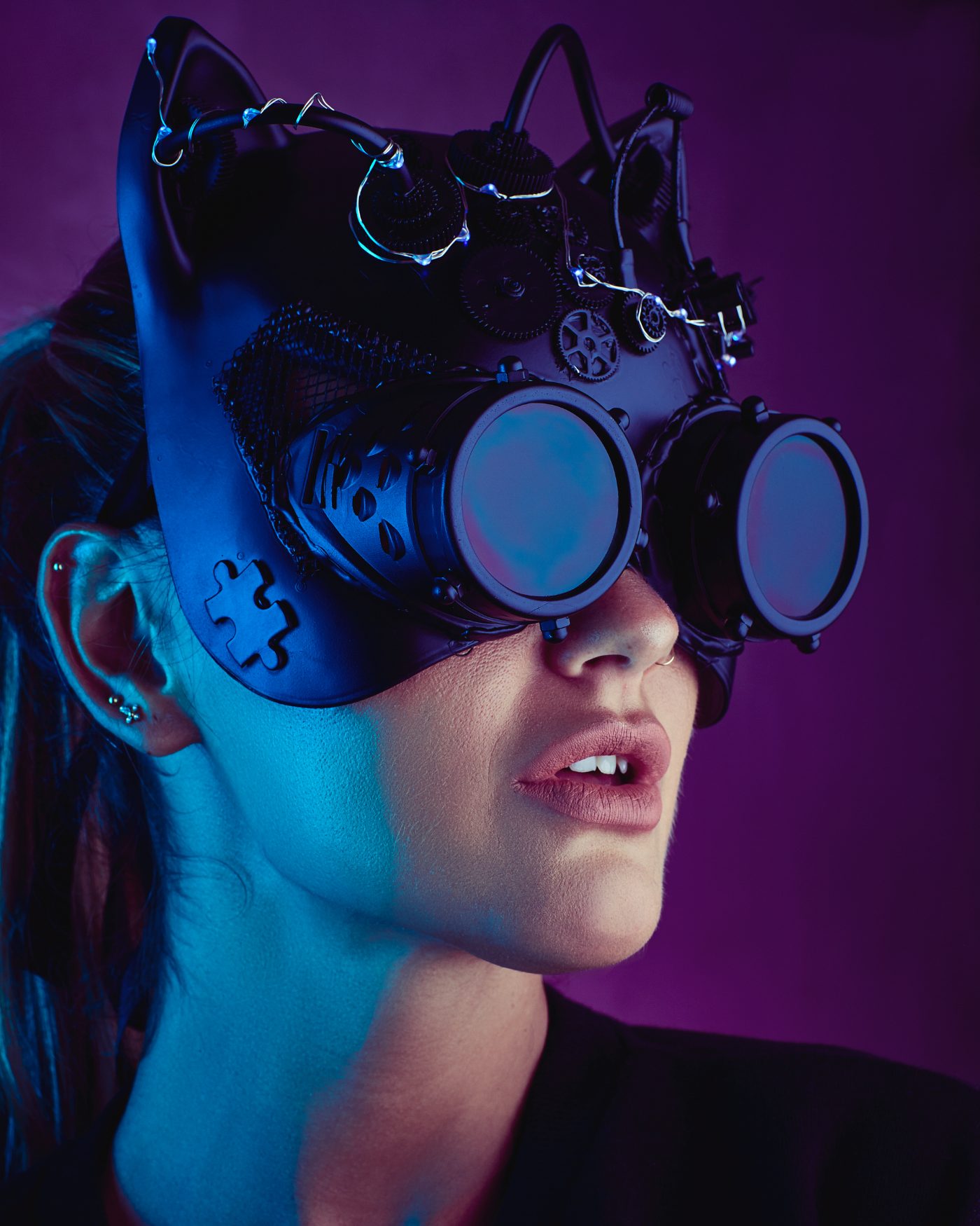 Portrait with illuminated goggles — technology meets imagination